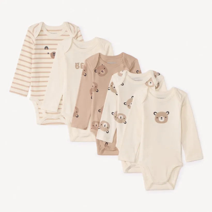 Set van 5 lange mouwen rompers met berenmotief voor baby's