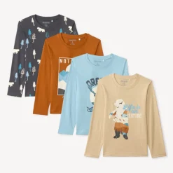 Set van 4 lange mouw shirts in jersey jongens, met effen kleuren en fantasieprints