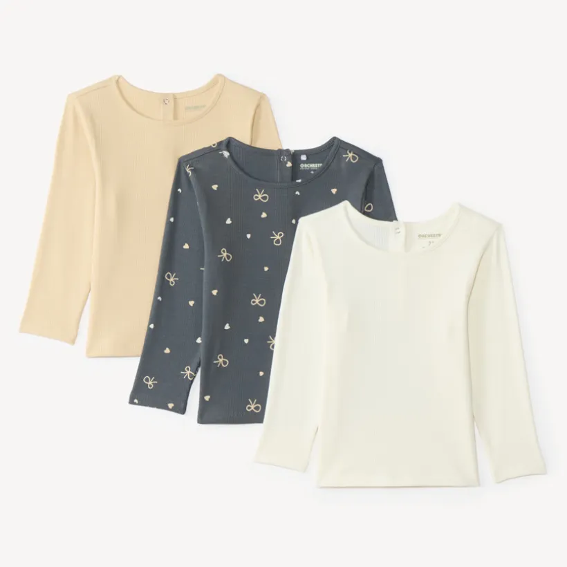 Set van 3 lange mouw t-shirts voor babymeisjes, effen en bedrukt
