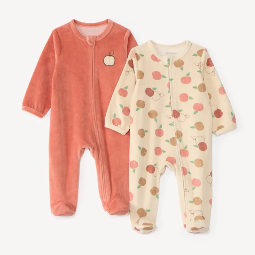 Set van 2 meisjes slaapdressjes in velours met rits, appelmotief.