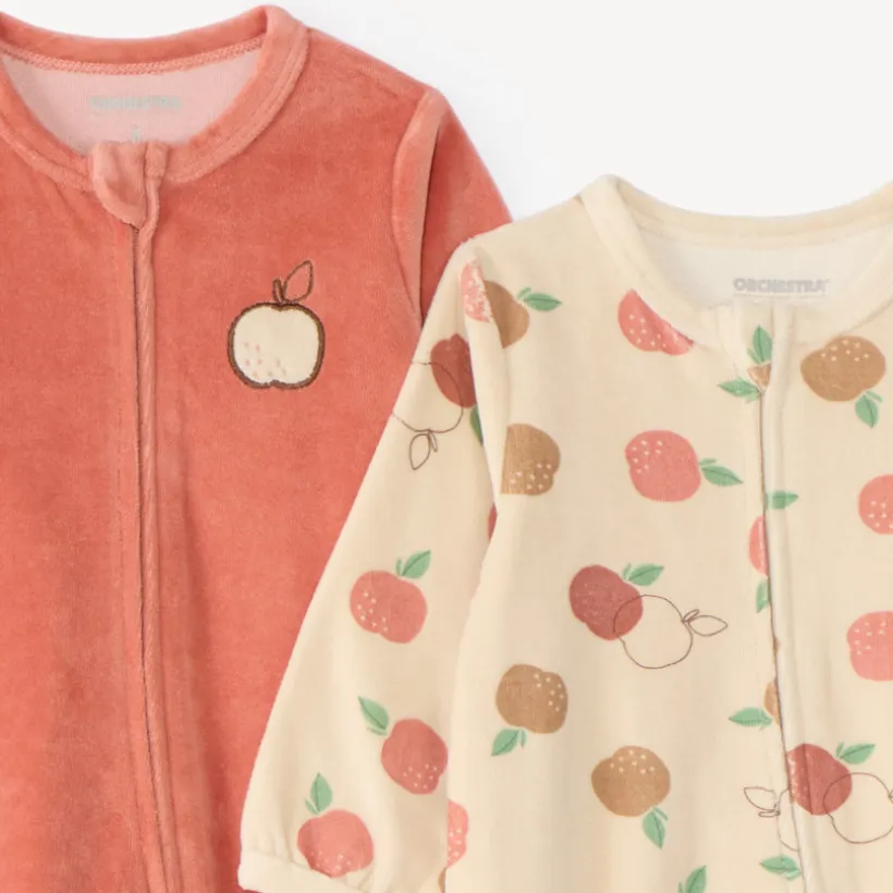 Set van 2 meisjes slaapdressjes in velours met rits, appelmotief.