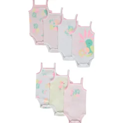 Set van 7 mouwloze bodies met tropische vogelpatronen meisjes