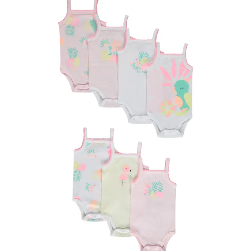 Set van 7 mouwloze bodies met tropische vogelpatronen meisjes