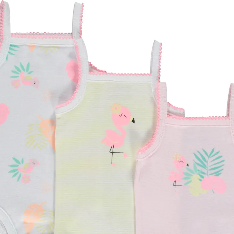 Set van 7 mouwloze bodies met tropische vogelpatronen meisjes