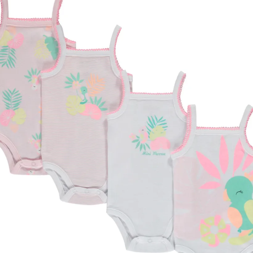 Set van 7 mouwloze bodies met tropische vogelpatronen meisjes