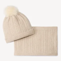 Set van 2 mutsen en snood in geribd gebreid met fantasietorsades, gevoerd met ecru sherpa meisjes