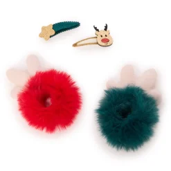 Set van 2 namaakbont scrunchies en 2 kersthaarspeldjes met gouden glitters meisjes
