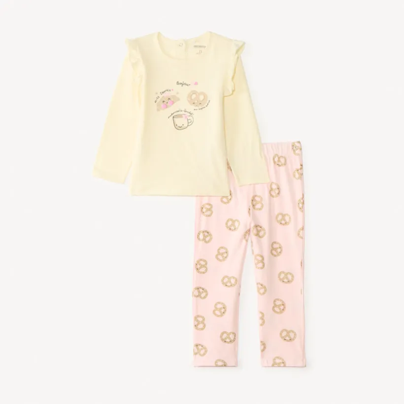 Set van 2 onderdelen pyjama t-shirt + broek met ontbijtmotief voor baby meisjes, met verschillende afwerkingen afhankelijk van de leeftijd.