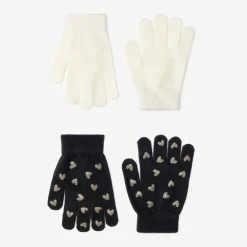 Set van 2 paar gebreide handschoenen meisjes, met elastische boordjes, één effen en één met hartjesfolieprint