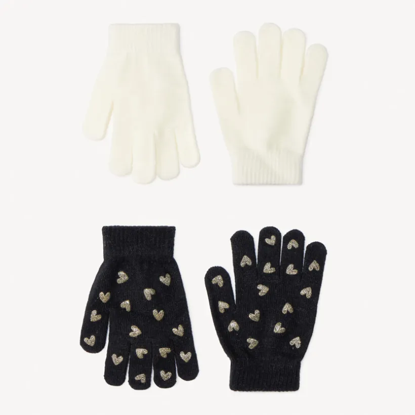 Set van 2 paar gebreide handschoenen meisjes, met elastische boordjes, één effen en één met hartjesfolieprint