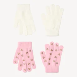 Set van 2 paar gebreide handschoenen meisjes, met elastische boordjes, één effen en één met hartjesfolieprint