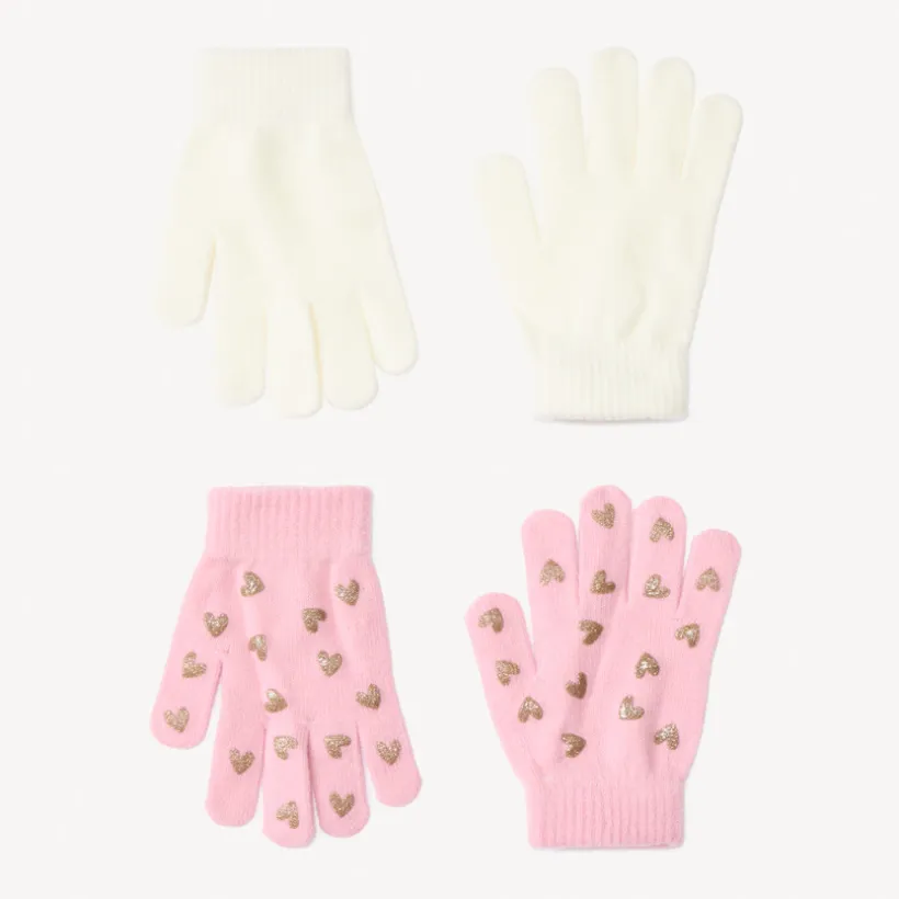 Set van 2 paar gebreide handschoenen meisjes, met elastische boordjes, één effen en één met hartjesfolieprint
