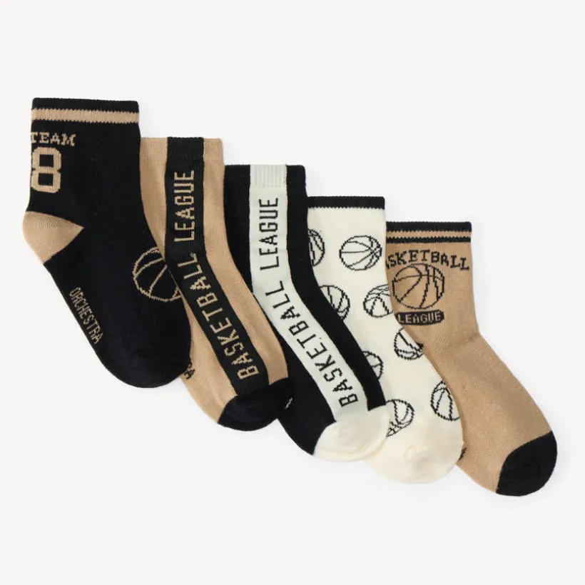 Set van 5 paar jongenssokken met basketbalpatroon
