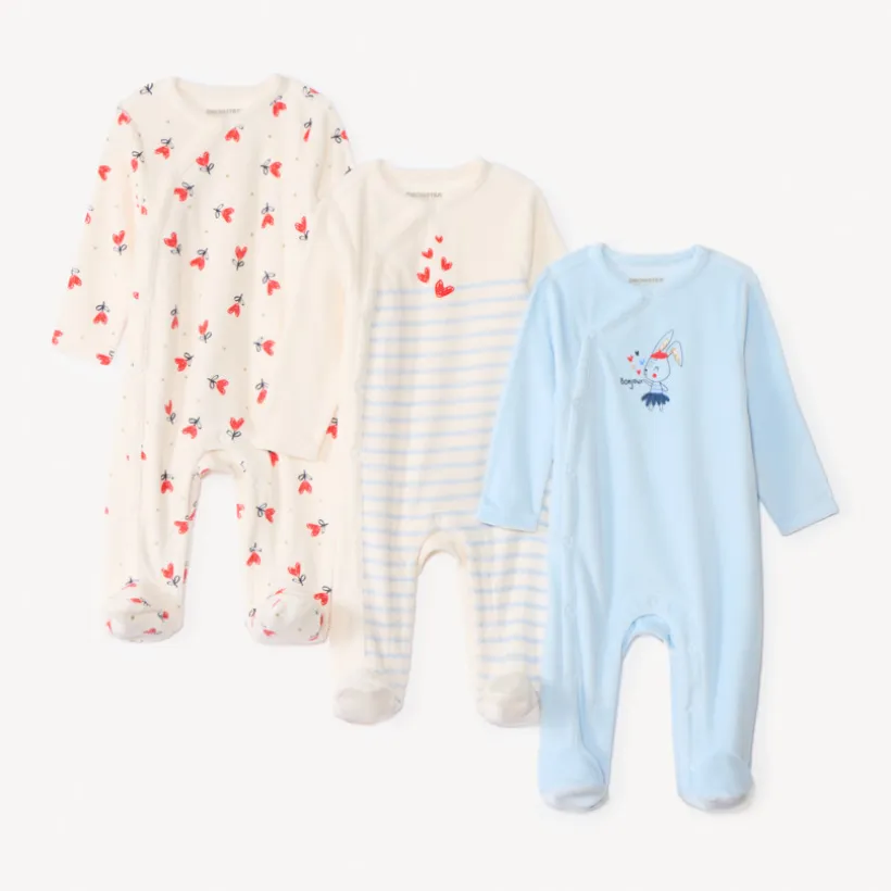Set van 3 pyjama's in fluweel voor babymeisje met verschillende sluitingen volgens leeftijd