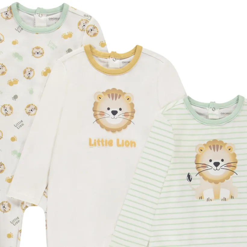 Set van 3 pyjama's met leeuwenmotief voor babyjongens met verschillende openingen afhankelijk van de leeftijd