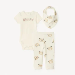 Set van rompertje + broekje + slabbetje met berenprint voor babyjongens