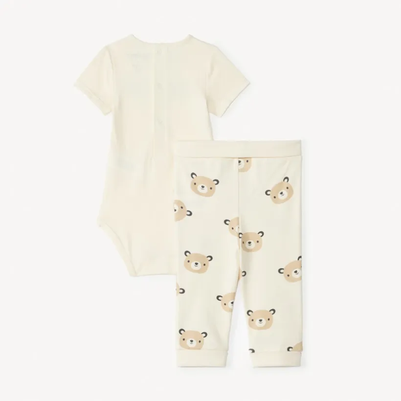 Set van rompertje + broekje + slabbetje met berenprint voor babyjongens