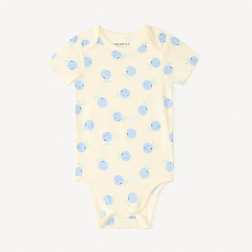 Set van 5 rompertjes met bosbessenmotieven voor babymeisjes, met verschillende openingen afhankelijk van de leeftijd.