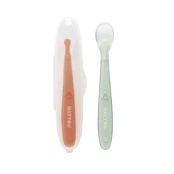 Set van 2 siliconenlepels met etui in groen en beige