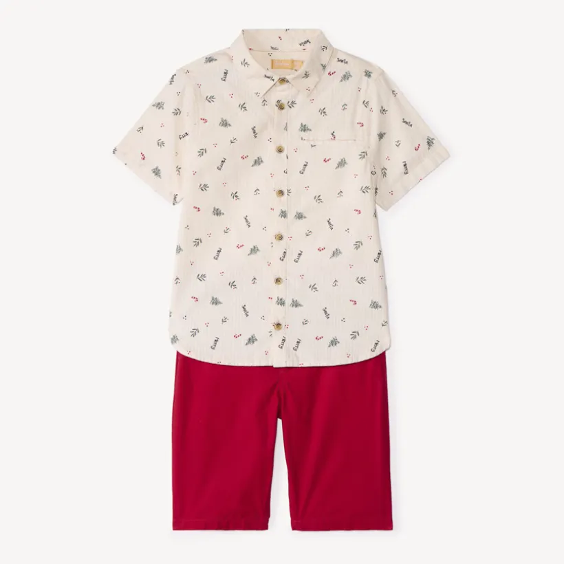 Set van 2 stukken met overhemd met kerstprint jongens en korte rode broek