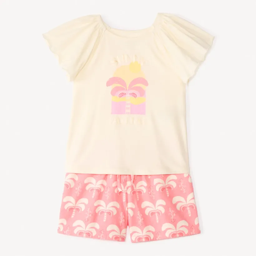 Set van 2 stuks t-shirt met korte mouwen + short met palmboompatroon meisjes