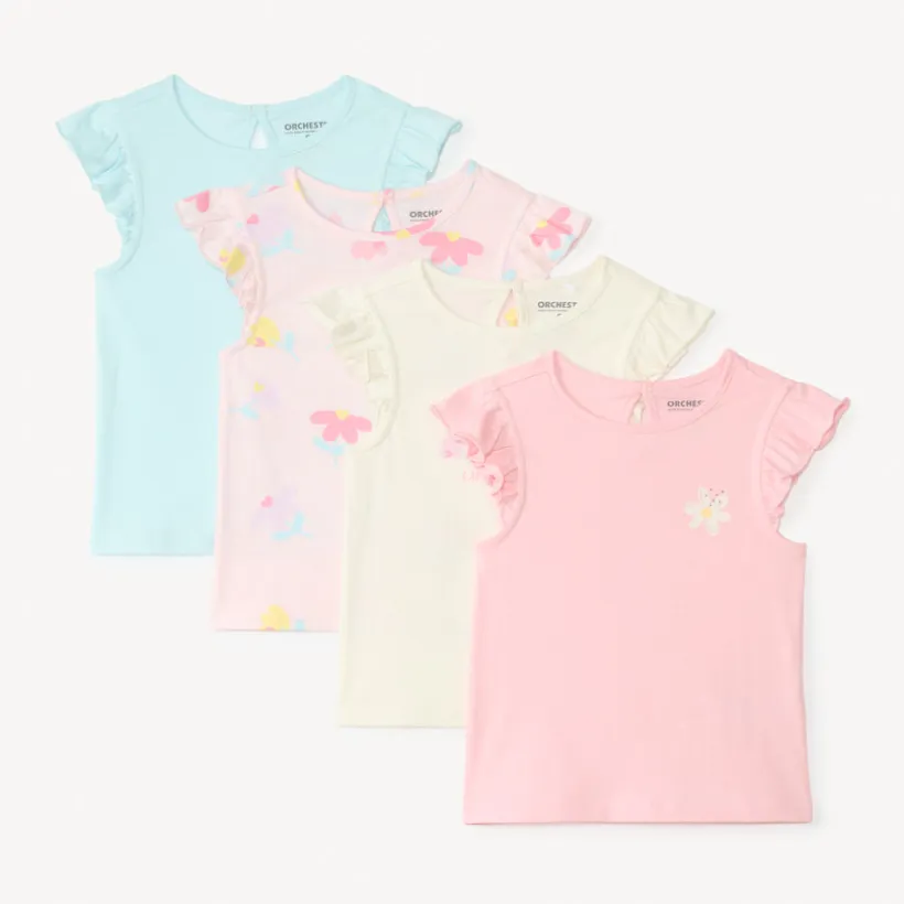 Set van 4 t-shirts met korte mouwen in fantasiepatronen voor meisjesbaby's.