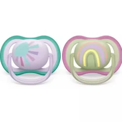 Set van 2 Ultra Air siliconen fopspenen 0-6 maanden zon/regenboog