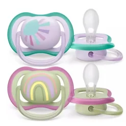 Set van 2 Ultra Air siliconen fopspenen 0-6 maanden zon/regenboog