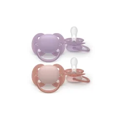 Set van 2 ultra zachte siliconen fopspenen 6-18 maanden lila en roze