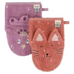 Set van 2 washandjes Mrs Cat en Mrs Peacock