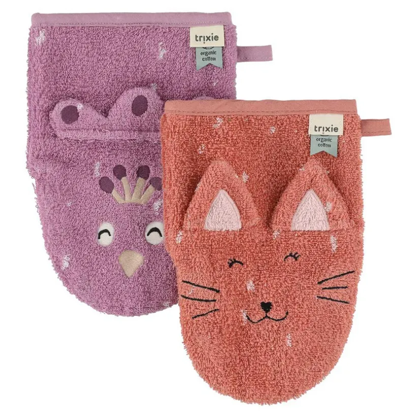 Set van 2 washandjes Mrs Cat en Mrs Peacock