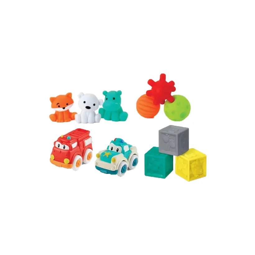 Set van 8 zintuigspeelgoed met blokjes, ballen en zachte voertuigen voor baby’s vanaf 9 maanden