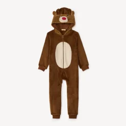 Sherpa pyjama topper met speelse kerstrendierkap jongens in effen bruin