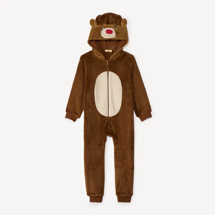 Sherpa pyjama topper met speelse kerstrendierkap jongens in effen bruin