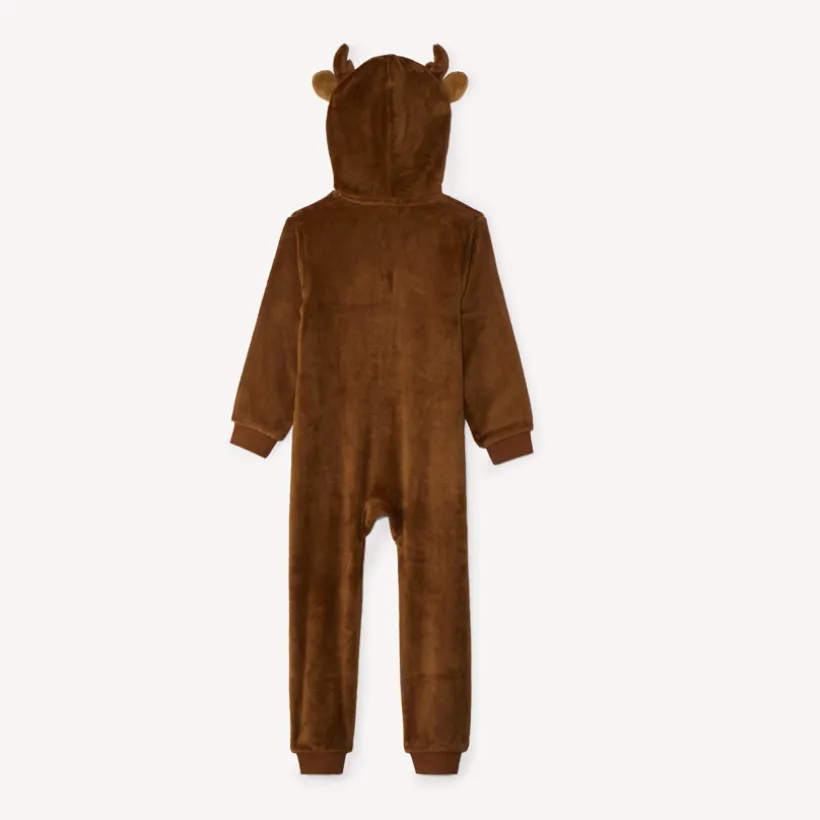 Sherpa pyjama topper met speelse kerstrendierkap jongens in effen bruin