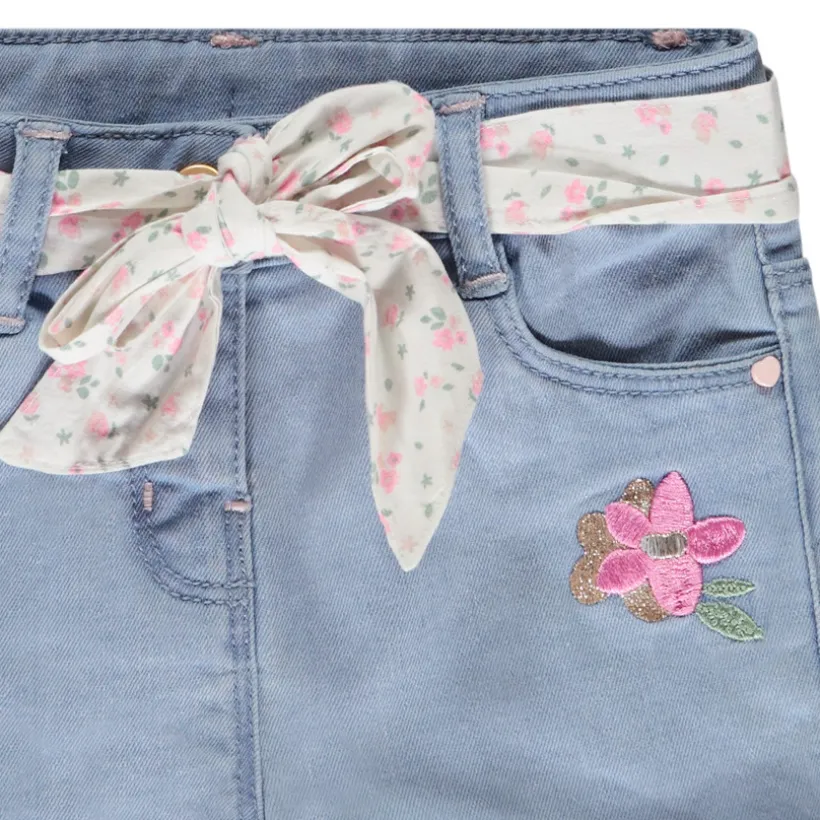 Short in denim met borduursel en strikceintuur voor meisjes