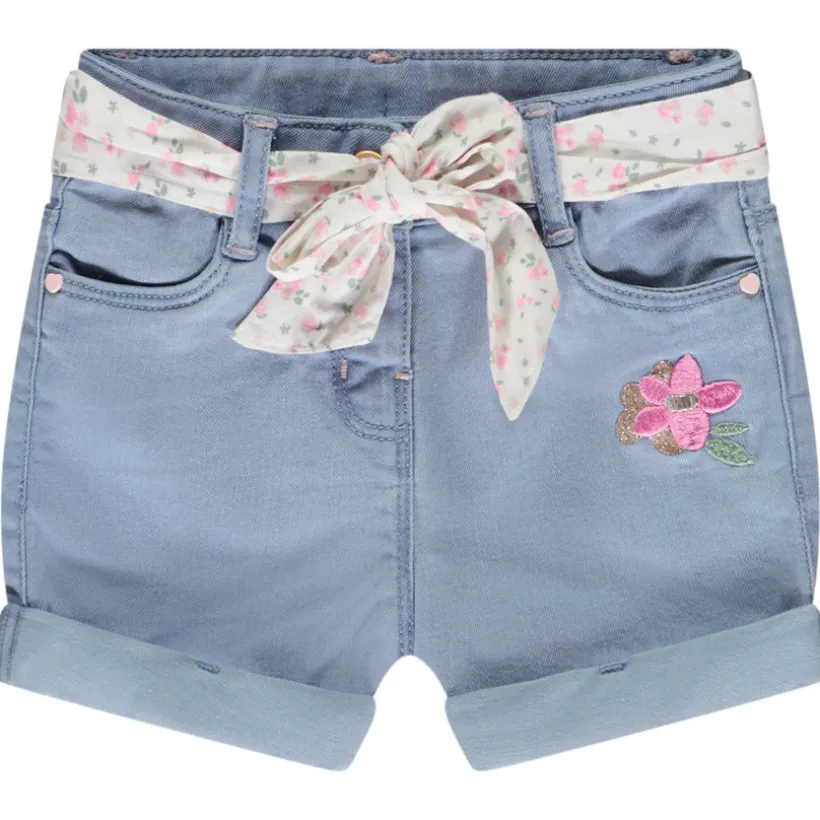 Short in denim met borduursel en strikceintuur voor meisjes