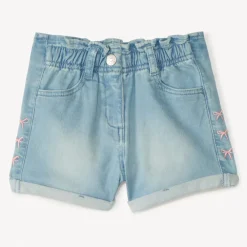 Short van denim met elastische taille en geborduurde strikjes meisjes