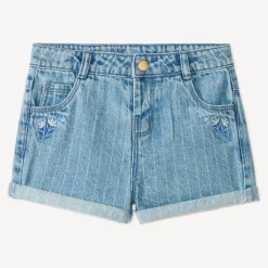 Short van denim met stiksels en geborduurde bloemen voor babymeisje