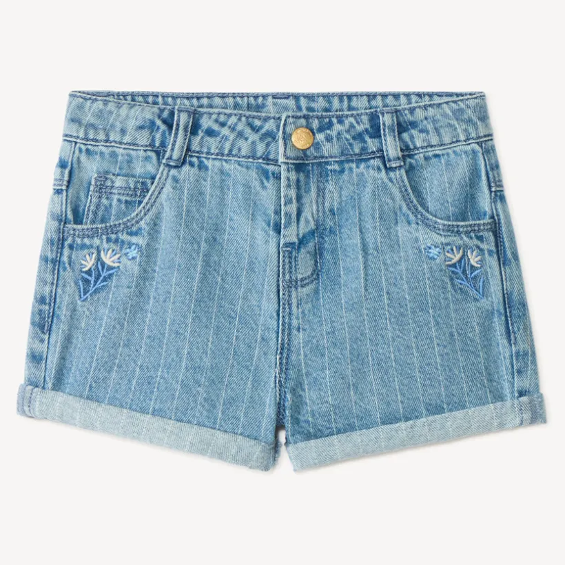 Short van denim met stiksels en geborduurde bloemen voor babymeisje