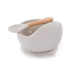 Siliconen kom met zuignap + houten lepel Grijs