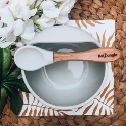 Siliconen kom met zuignap + houten lepel Grijs