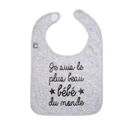 slabbetje Je suis le plus beau bébé du monde grijs chiné, 100% katoen, volledig gevoerd, met velcrohalslijn, zeefdruktekst