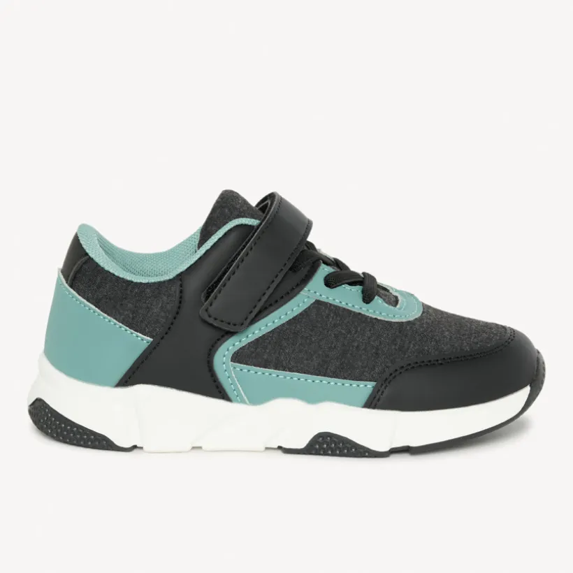 Sneakers laag met elastische veters en velcro, antraciet met groene accenten, jongens