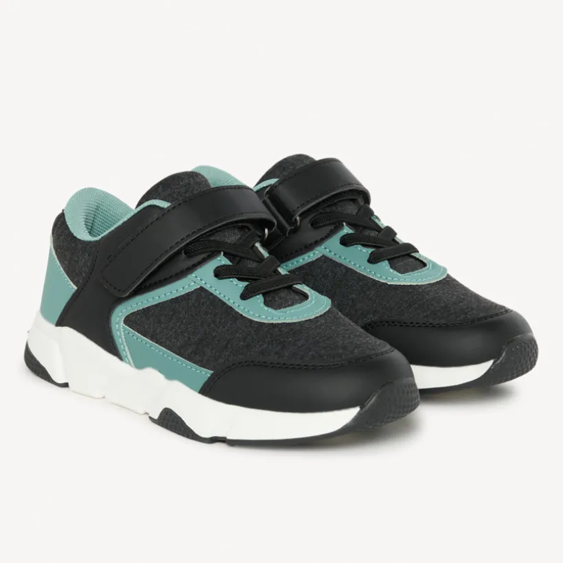Sneakers laag met elastische veters en velcro, antraciet met groene accenten, jongens