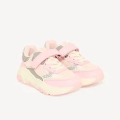 Sportieve meisjes sneakers met klittenband in roze met glitter.