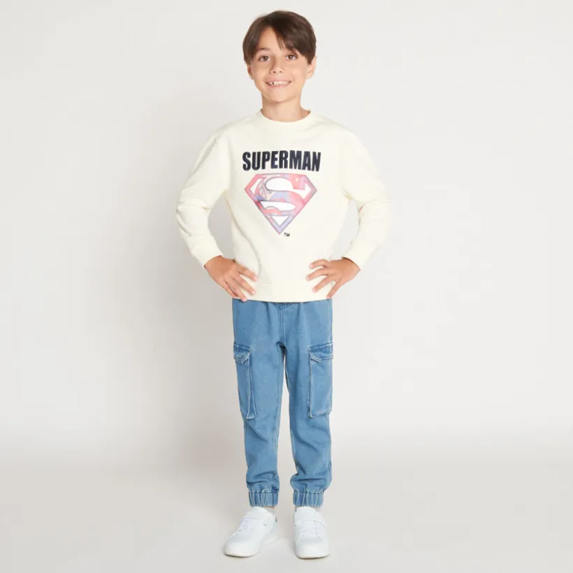Sweatshirt fleece met lenticulaire Supermanprint, effen, jongens