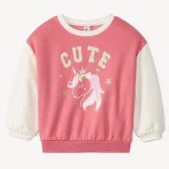 Sweatshirt in fleece met glinsterende eenhoornprint en geborduurde details voor babymeisje
