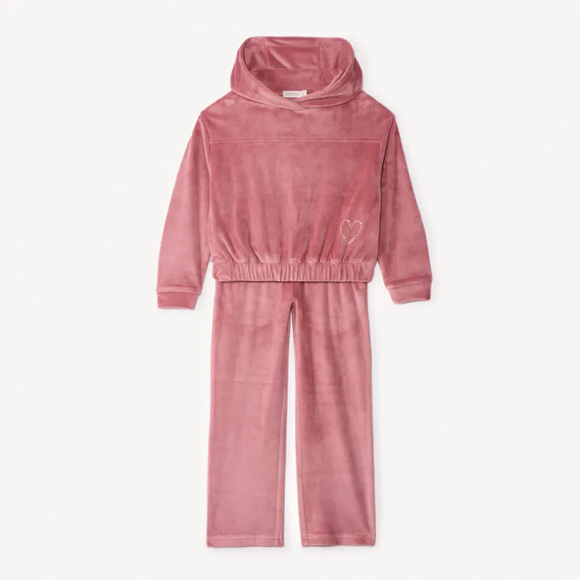 Sweatshirt met kap en joggingbroek in fluweel met satijneffect meisjes