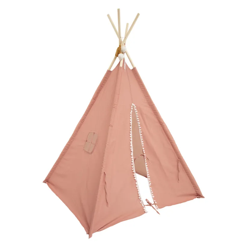 Tipi Wapi terracotta met stevige populierenhouten palen en pomponbandopening